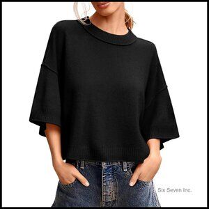 Lightweight Knit Short Sleeve Sweater Oversized Cropped Crewneck Top
